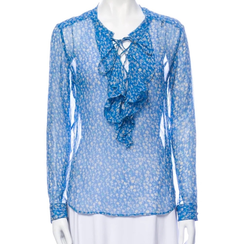 THE KOOPLES Silk Flower Print floral pattern Blouse ruffles blue Size Small